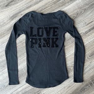 VS Pink Black thermal waffle Henley sequin love pink logo embellished Ls top